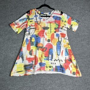 Jess & Jane Colorful Artistic Abstract Textured Cold‎ Shoulder Tunic Top Medium